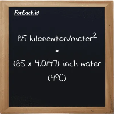 How to convert kilonewton/meter<sup>2</sup> to inch water (4<sup>o</sup>C): 85 kilonewton/meter<sup>2</sup> (kN/m<sup>2</sup>) is equivalent to 85 times 4.0147 inch water (4<sup>o</sup>C) (inH2O)